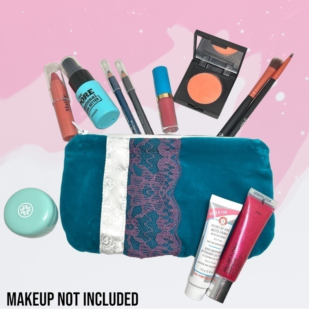 Waterproof Make Up Bag- Green Velvet Purple Lace - Picture 2 of 4